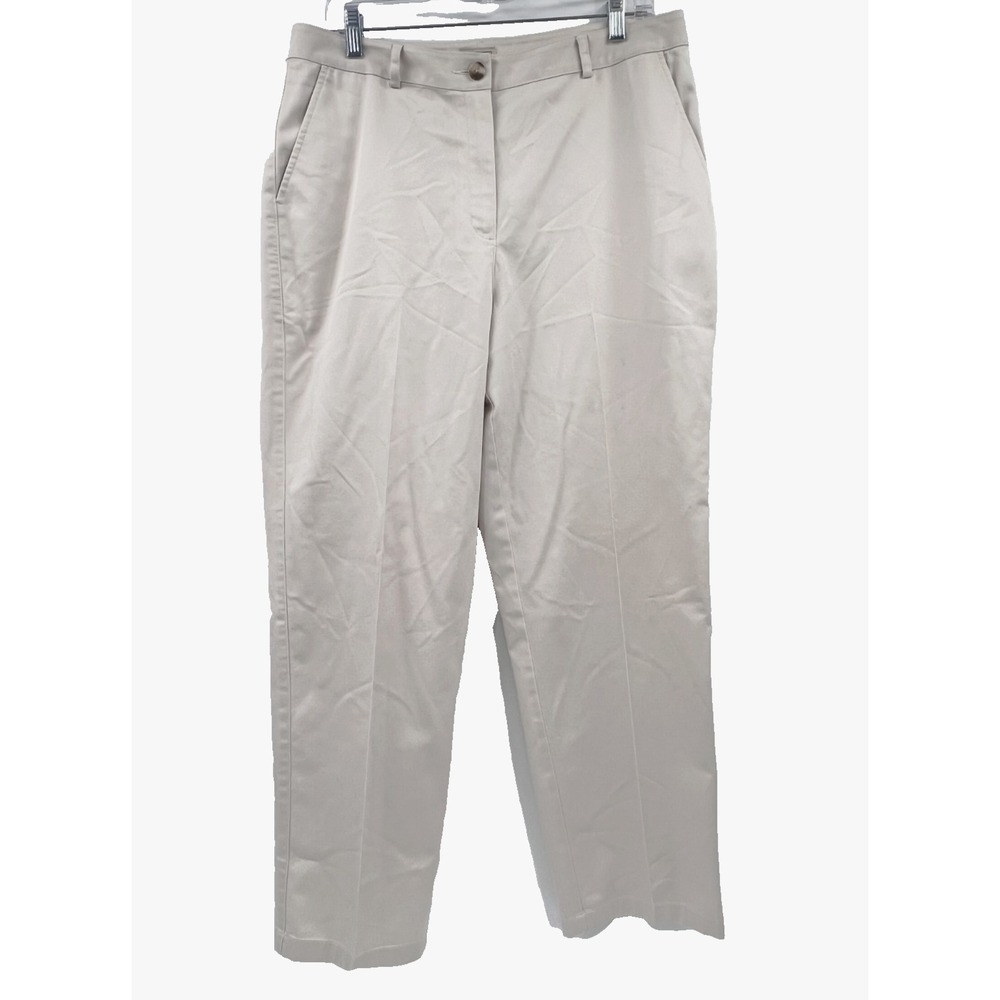 LL BEAN Women's 14 Reg Light Beige Flat-Front Tapered-Leg Pants Trousers Khakis